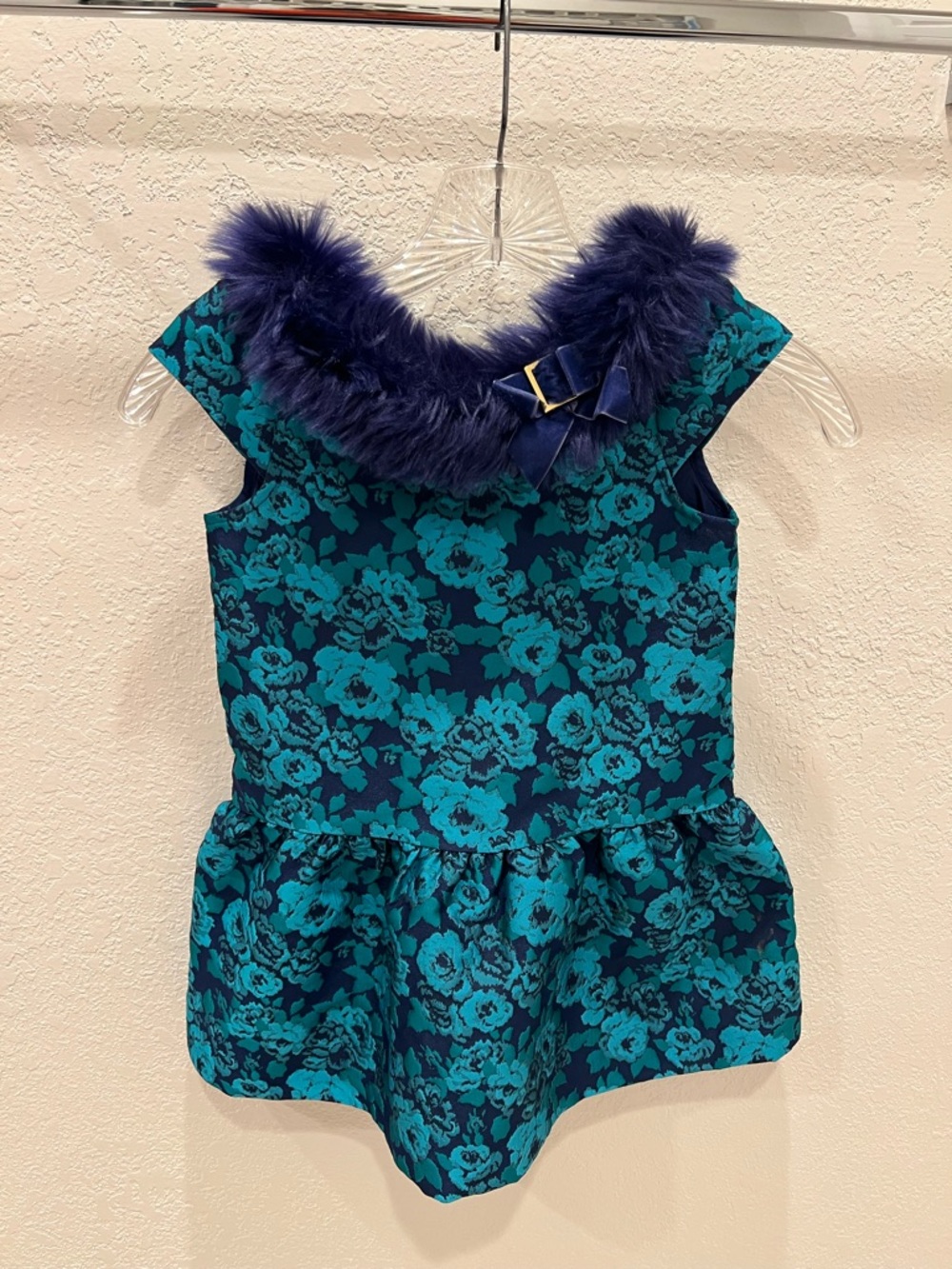 Janie and Jack Teal Floral Dress with Navy Faux Fur Collar